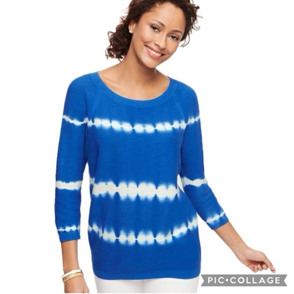 Talbots Biscayne Cobalt Blue Tie Dye 100% Cotton 3/4 Sleeve PulloverSweater Y-17 - Picture 6 of 6